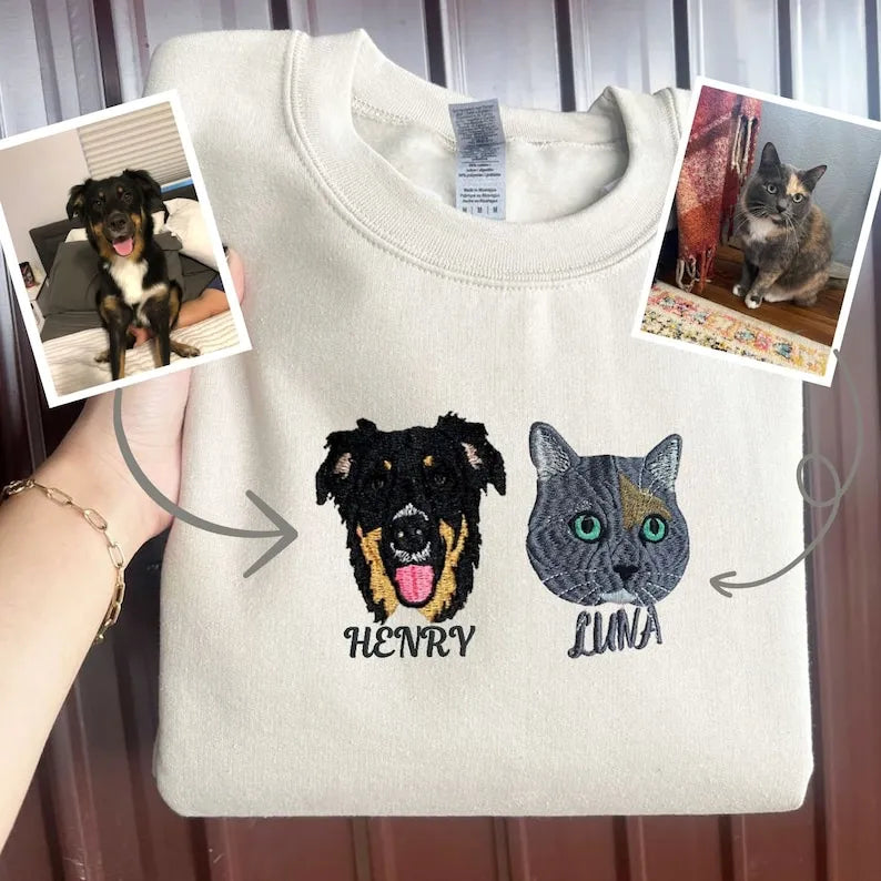 Sweat Personnalisé avec Portrait Brodé de Votre Animal – Broderie au Centre